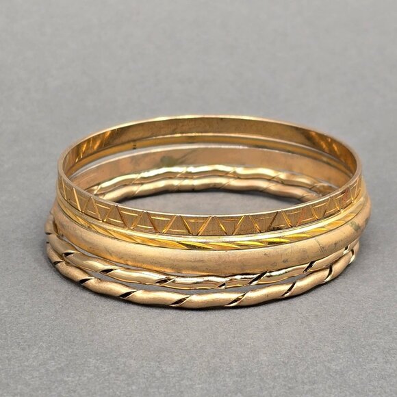 Unbranded Jewelry - VTG Gold Tone Textured Bangle Bracelets 7" 50s Eclectic Stackable Lot Of 5